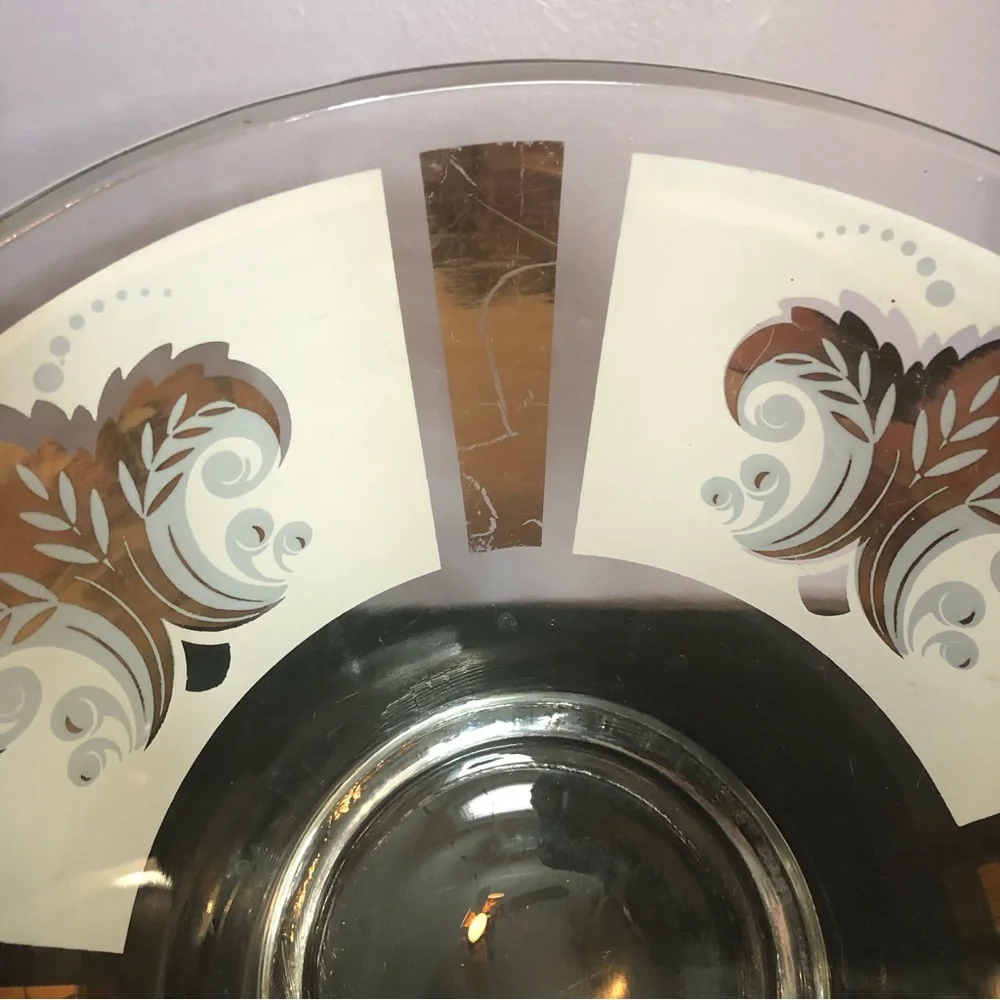 Vintage 1970s MCM large glass white clear & gold pattern CHIPS OR SALAD BOWL